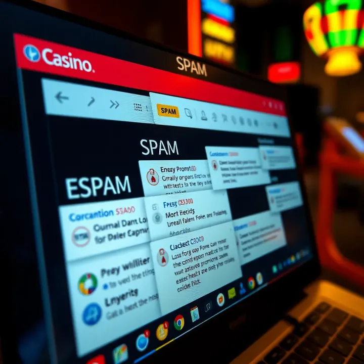 Email inbox displaying multiple unread messages marked as spam related to online casino promotions