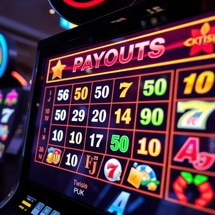 Digital slot machine screen showing payout percentages and winning symbols