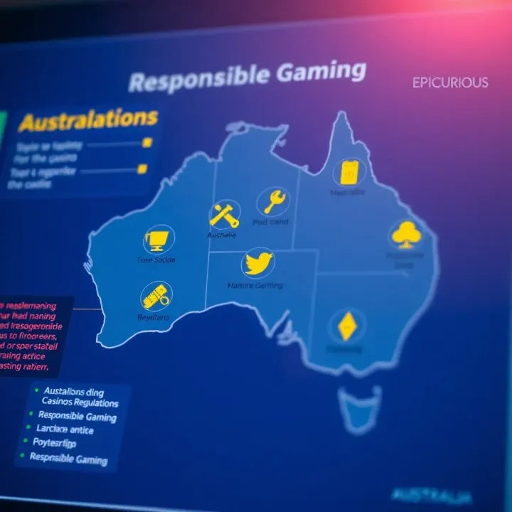 Illustration of Australian map highlighting online casino regulations and responsible gaming icons