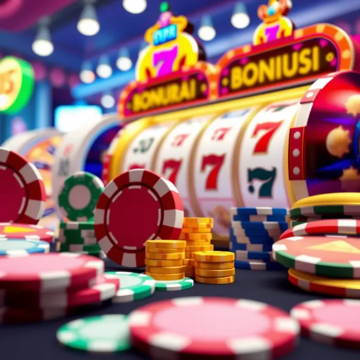 Bright casino chips and spinning slot machine reels symbolizing online casino bonuses