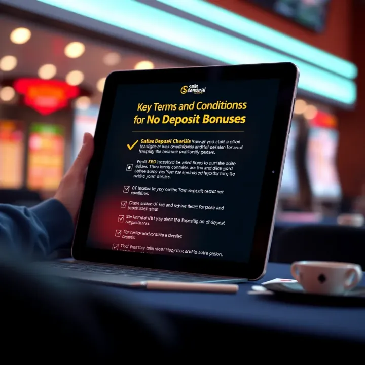 Checklist of key terms and conditions for online casino no deposit bonuses on a digital tablet screen