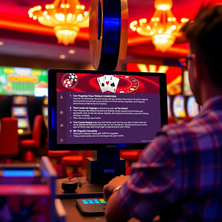Illustration of a player reviewing bonus terms and conditions on a digital screen