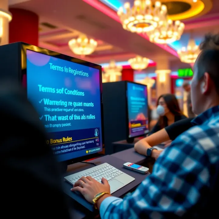 Illustration of a player reviewing terms and conditions on a digital screen with emphasis on wagering requirements and bonus rules