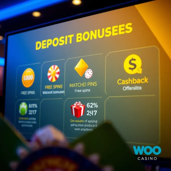 Types of Deposit Bonuses Offered by Woo Casino Graphic showing different types of casino deposit bonuses with icons representing free spins, matched deposits, and cashback offers