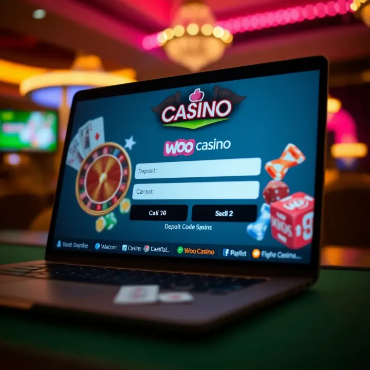 Woo Casino Deposit Code Input Interface Illustration of a laptop screen displaying a Woo Casino deposit code input field with casino-themed graphics