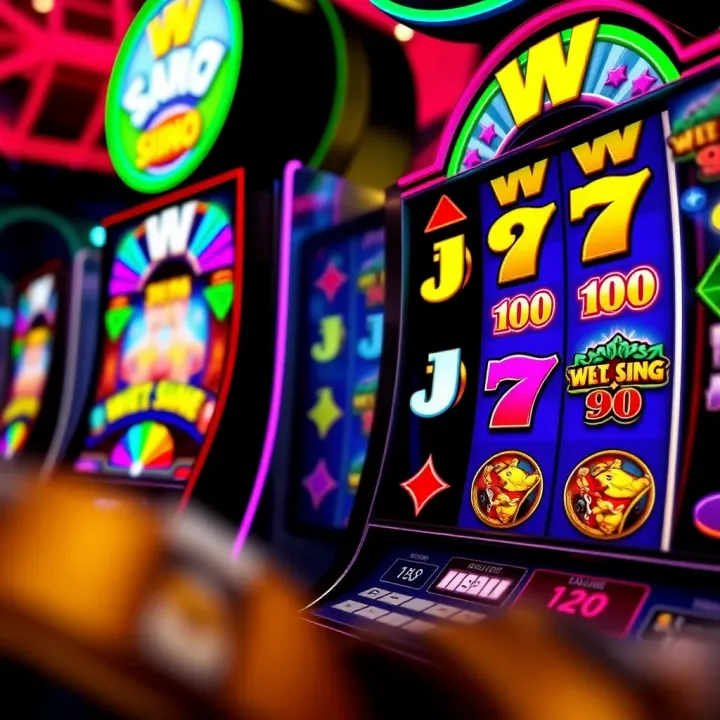 Colorful casino slot machine interface with vibrant symbols and winning lines