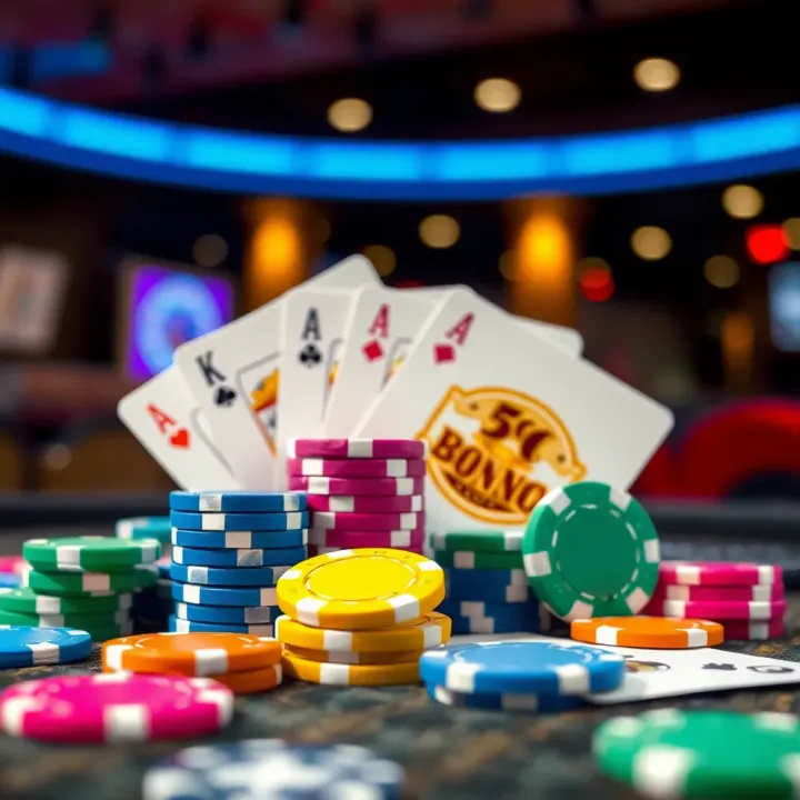 Visualizing Bonus Rewards in Woo Casino Colorful casino chips and cards representing bonus rewards at an online casino