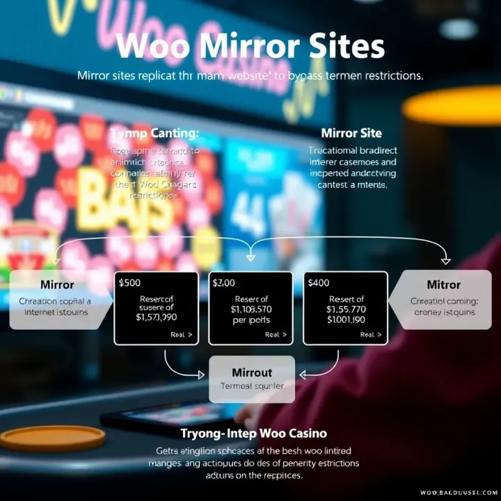 Diagram illustrating how mirror sites replicate the main Woo Casino website to bypass internet restrictions