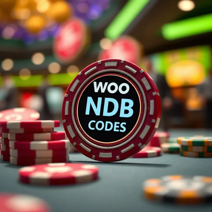 Illustration showing the concept of Woo Casino NDB codes with a casino chip and digital code symbols