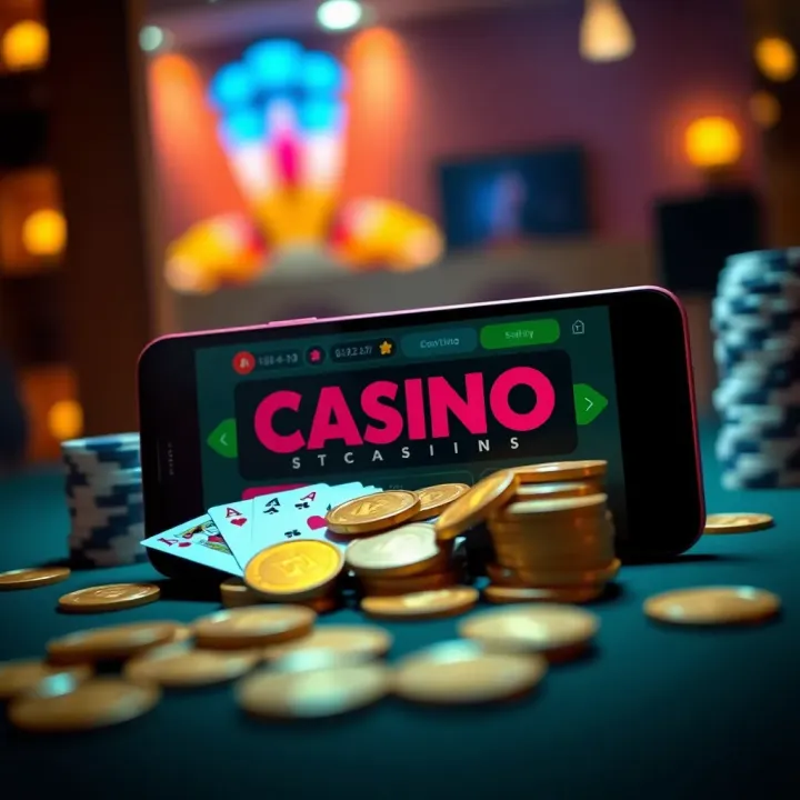 Digital Casino Bonus Concept with Playing Cards and Coins Illustration showing digital casino bonus concept with playing cards and coins around a mobile device