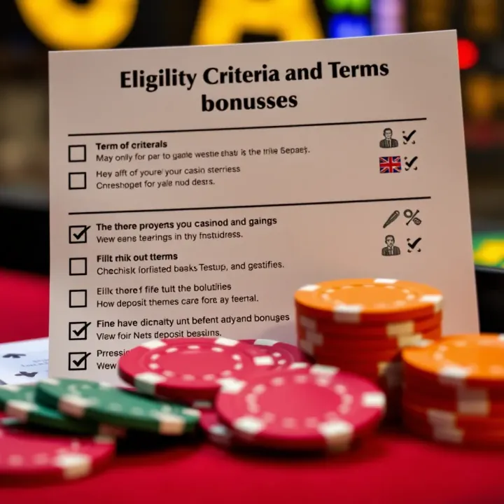 Eligibility Criteria and Terms for Casino Bonuses with Checklists and Chips Graphic depicting eligibility criteria and terms for casino bonuses with checklists and casino chips