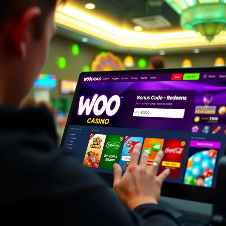 How to Redeem Bonus Codes on Woo Casino Illustration of a player using a bonus code on Woo Casino website to unlock rewards