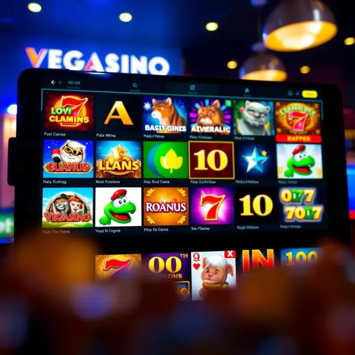 Vegasino Australia Online Casino Games Selection Bright online casino interface displaying a variety of slot games for Australian players