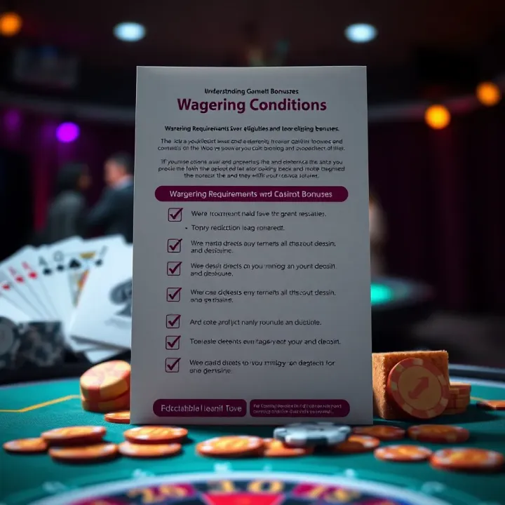 Wagering Conditions and Eligibility for Woo Casino Bonuses Graphic depicting wagering requirements and eligibility criteria for casino bonuses with a checklist and casino elements