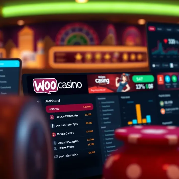 Screenshot of WooCasino account dashboard showing balance and navigation menu