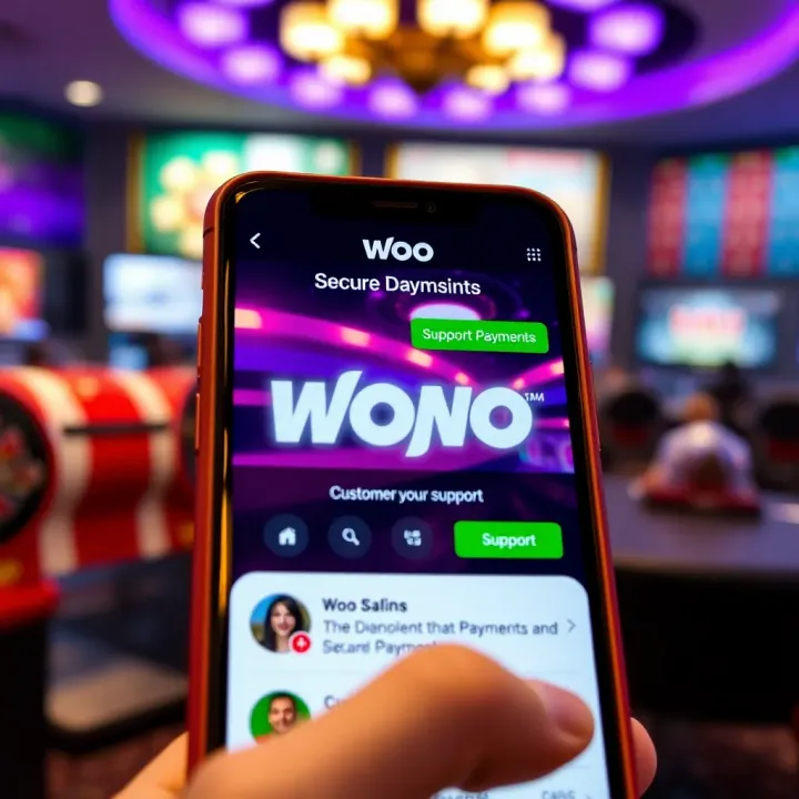 Mobile phone screen showing secure payment options and customer support chat in the Woo Casino app