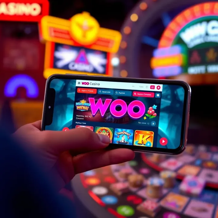Smartphone displaying Woo Casino app interface with game selection screen