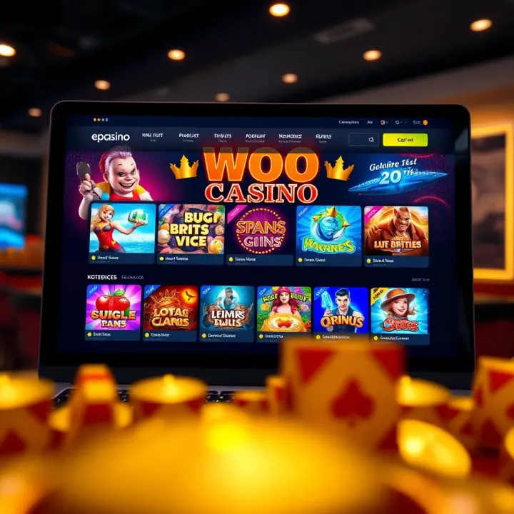 Screenshot showing the Woo Casino homepage with vibrant game thumbnails and user interface