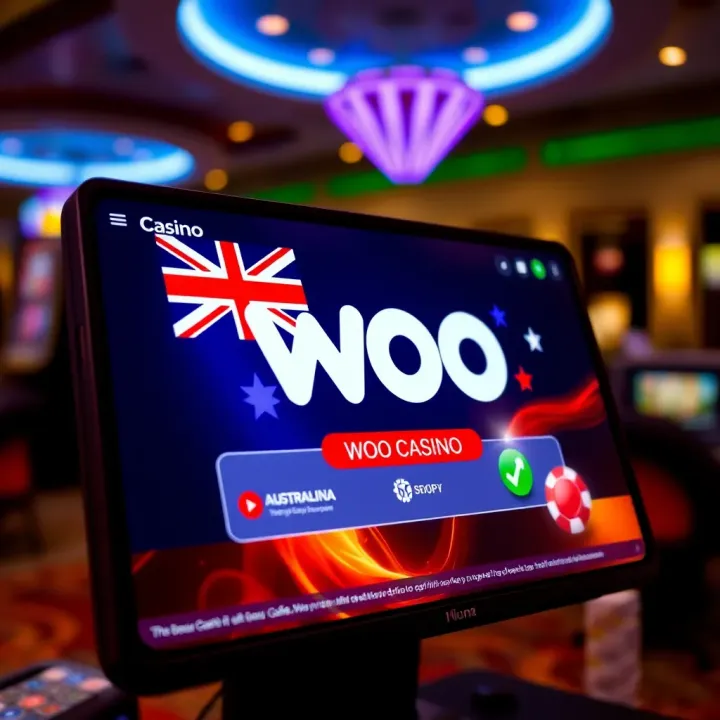 A digital screen displaying Woo Casino login bonus code interface with Australian flag elements