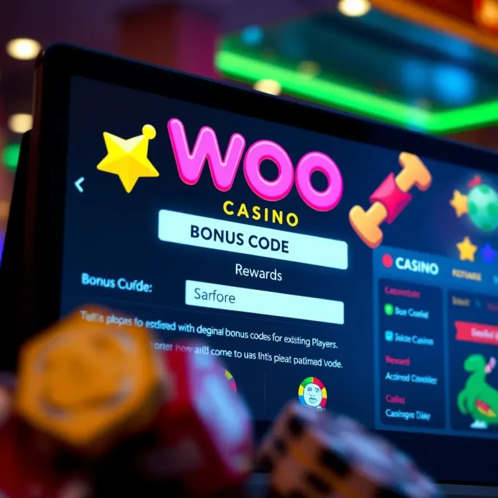 Woo Casino Bonus Code Entry and Rewards Overview Illustration of a digital casino interface showing bonus code entry and reward details