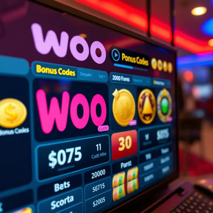 Graphic showing various casino tokens and bonus codes on a digital screen