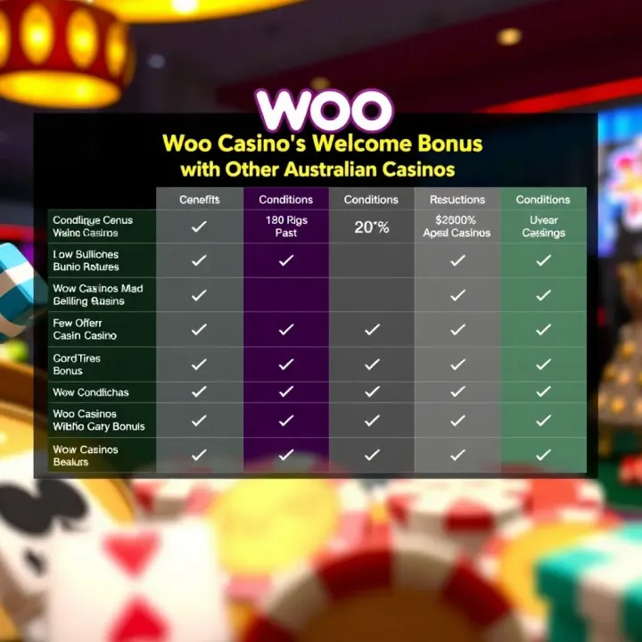 Comparison chart showing key conditions and benefits of Woo Casino's welcome bonus against other Australian online casinos
