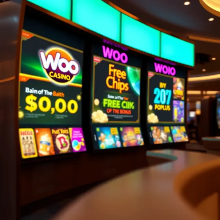Woo Casino Bonus Offers and Free Chip Promotions Display Bright casino interface showcasing bonus offers and free chip promotions