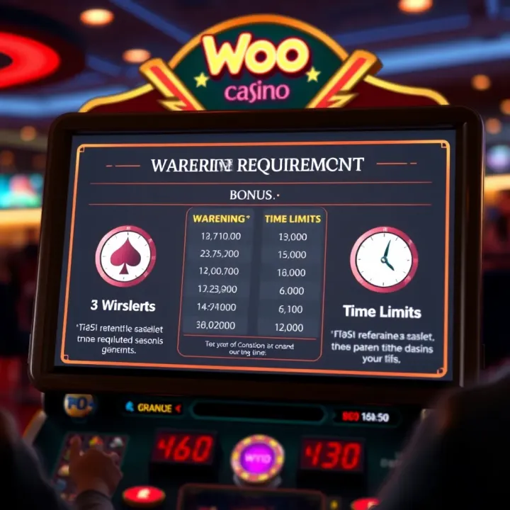 Graphic showing a casino game interface with wagering requirements and time limit icons
