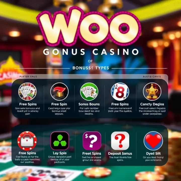 Illustration of various casino bonus types including free spins and deposit bonuses with informational icons
