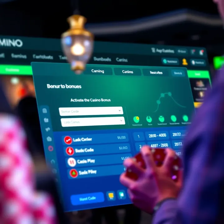 An online dashboard showing the process of entering a code and activating a casino bonus on a gaming platform