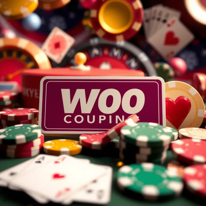 Visual Representation of Woo Casino Coupons and Benefits Illustration of a digital coupon surrounded by casino-related icons like chips and cards
