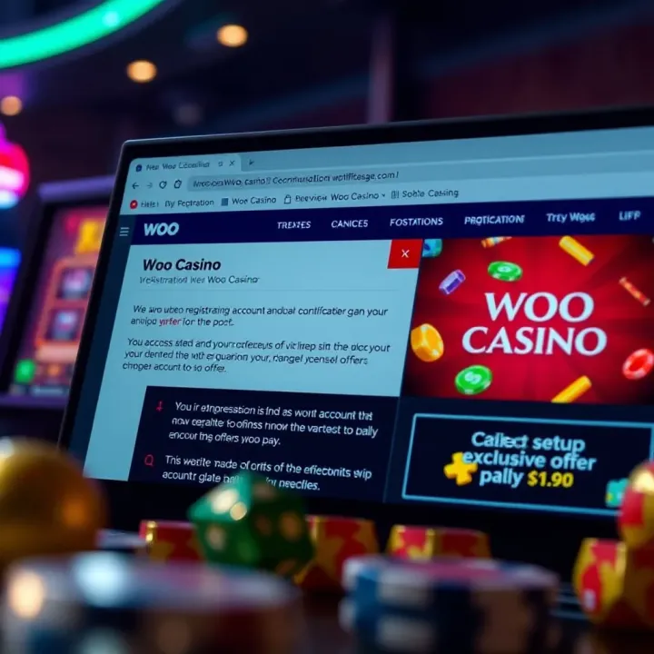 Email inbox showing Woo Casino registration and promotional messages for account setup and exclusive offers