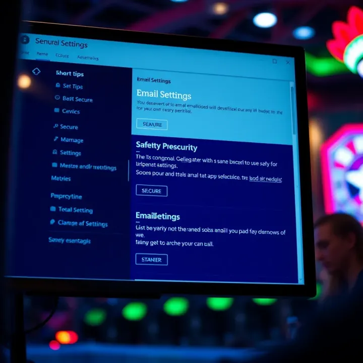 Secure email settings screen emphasizing safety tips and troubleshooting options for Woo Casino communications