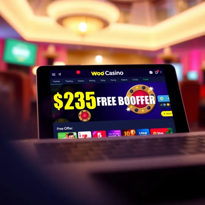 Woo Casino $25 Free Bonus Offer Overview Online casino bonus offer displayed on a digital device screen