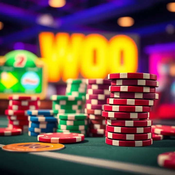 Colorful casino chips stacked on a gaming table with vibrant lights