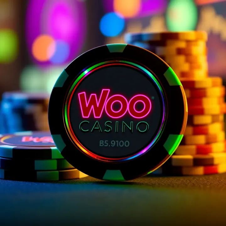 Woo Casino Free Chips Bonus Visual Digital representation of casino chips with glowing neon lights symbolizing online gaming bonuses