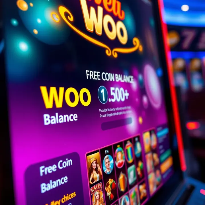 Woo Casino Interface Displaying Free Coin Balance and Game Choices Interface of Woo Casino showing free coin balance and game options