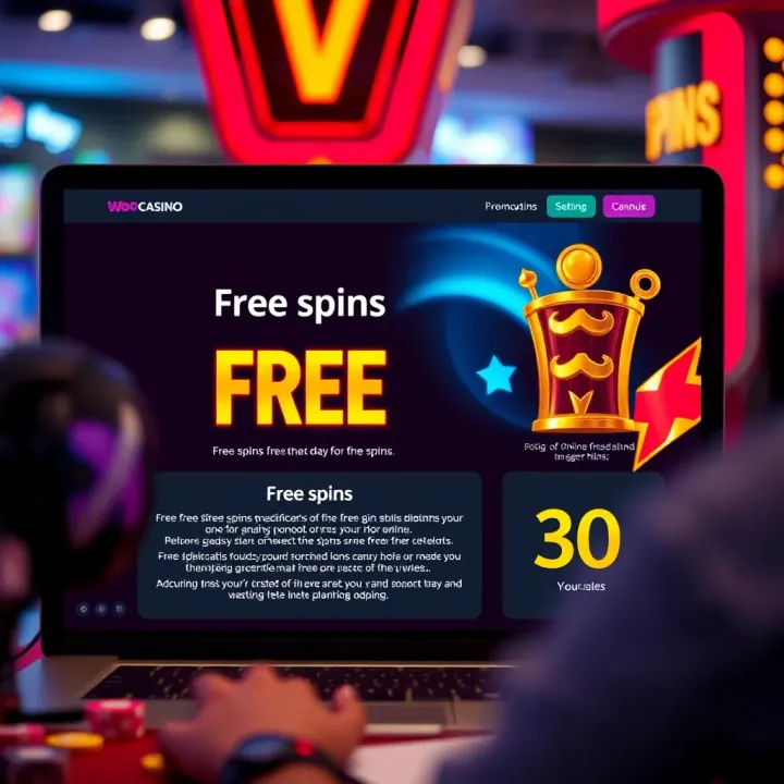 Illustration of online casino interface displaying free spins offer and wagering details