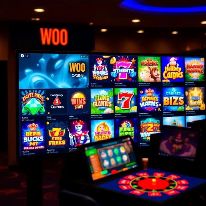 Selection of casino games including slots and table games on a digital screen