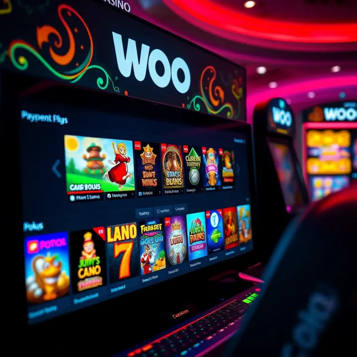 Gaming Selection and Payment Methods at Woo Casino A variety of casino games displayed on a digital screen with payment method icons