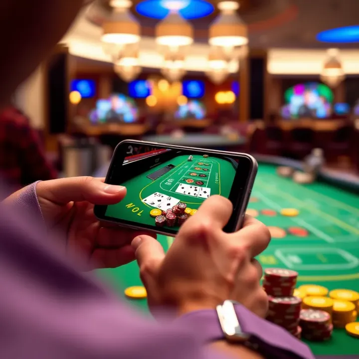 Mobile phone displaying live dealer casino game with cards and chips on the screen