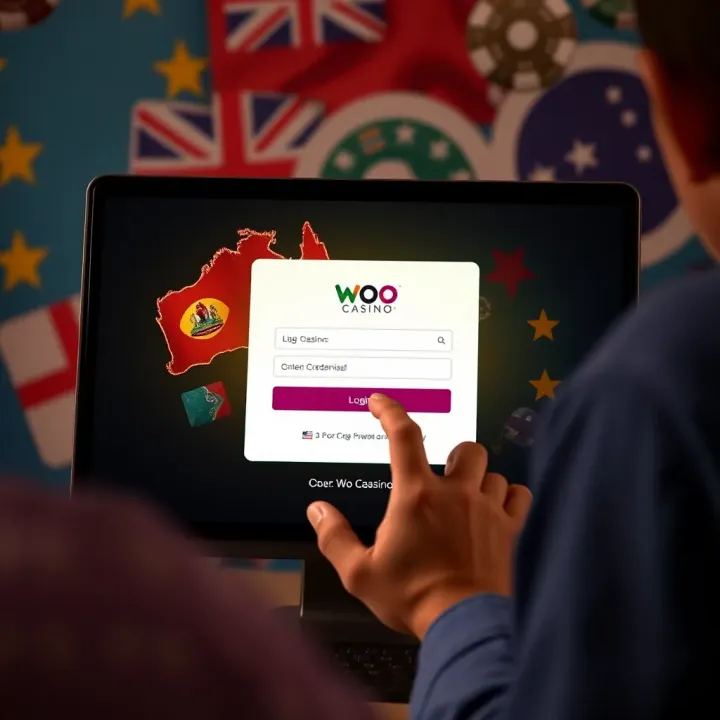User entering login credentials on Woo Casino platform with Australian-themed background