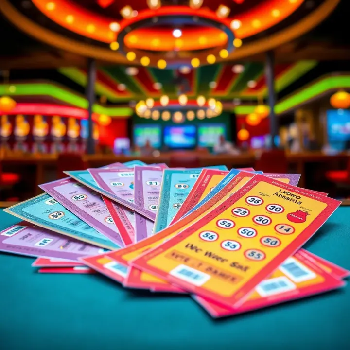 Colorful lottery tickets spread on a table with a casino background