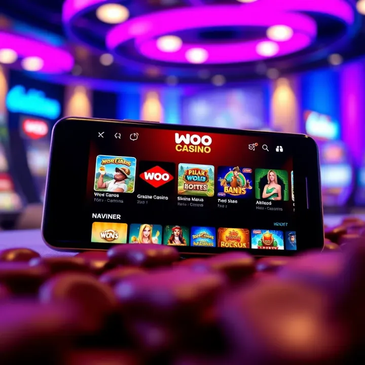 Mobile device displaying Woo Casino app home screen with casino game thumbnails and navigation menu