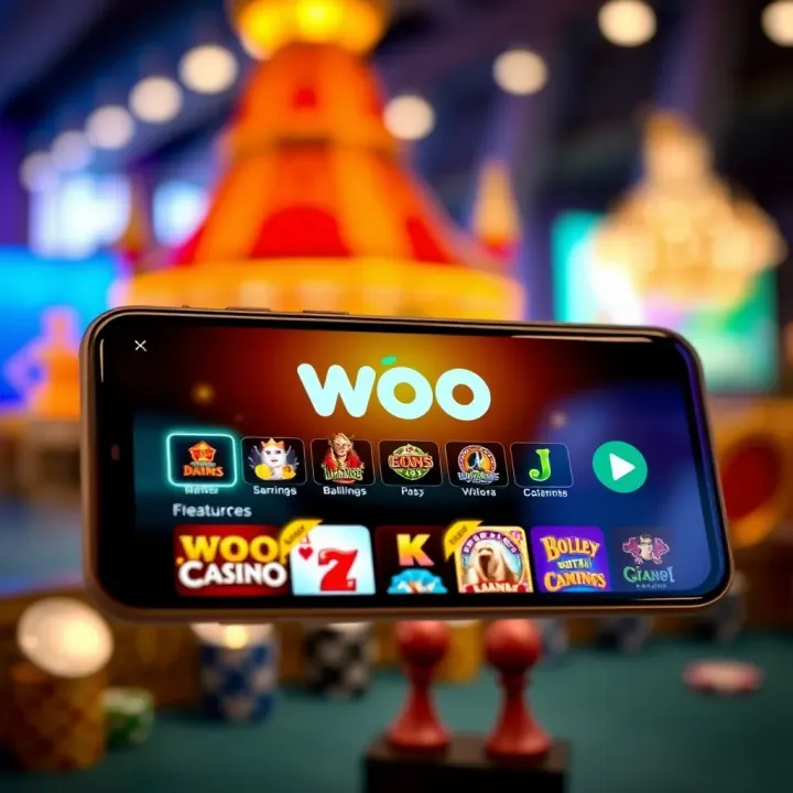 Mobile phone showcasing the Woo Casino app interface with game options