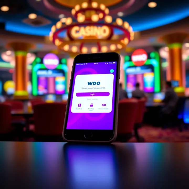 Mobile phone showing Woo Casino app login options with security icons
