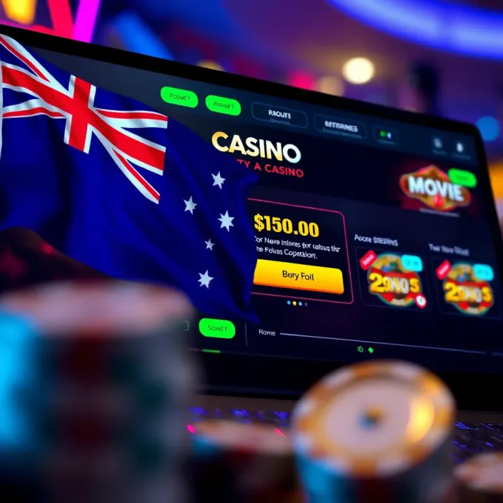 Illustration showing online casino interface with bonus notifications and Australian flag