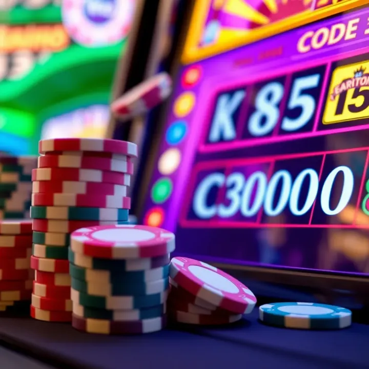 Casino Chips and Bonus Code Interface Colorful casino chips stacked next to a glowing bonus code display on a digital slot machine interface