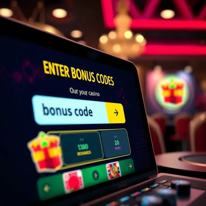A digital casino interface displaying bonus code input and reward notifications