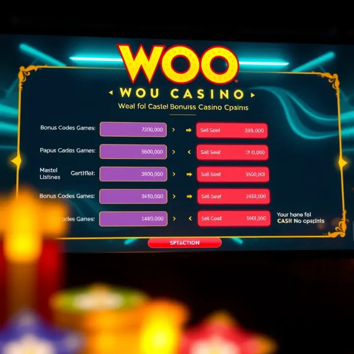 Overview of Woo Casino No Deposit Bonus Codes Interface Illustration of a digital casino interface displaying various game options and bonus code entry fields